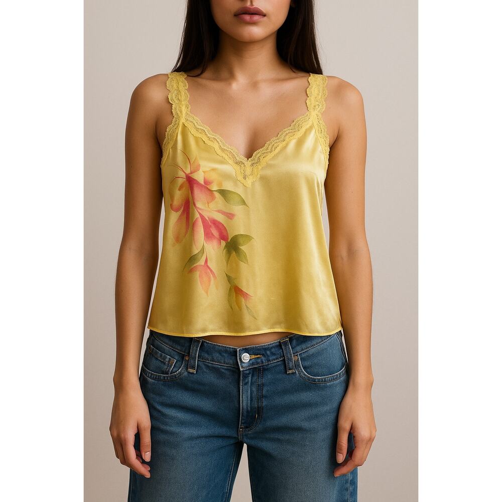Y2K Valerie Stevens Satin Lace Trim Butter Yellow Floral Dainty Tank Size L
